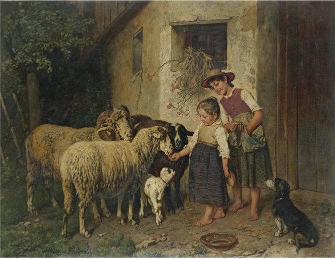 Feeding the sheep by Adolf Eberle — hand-painted animal oil painting reproduction on canvas