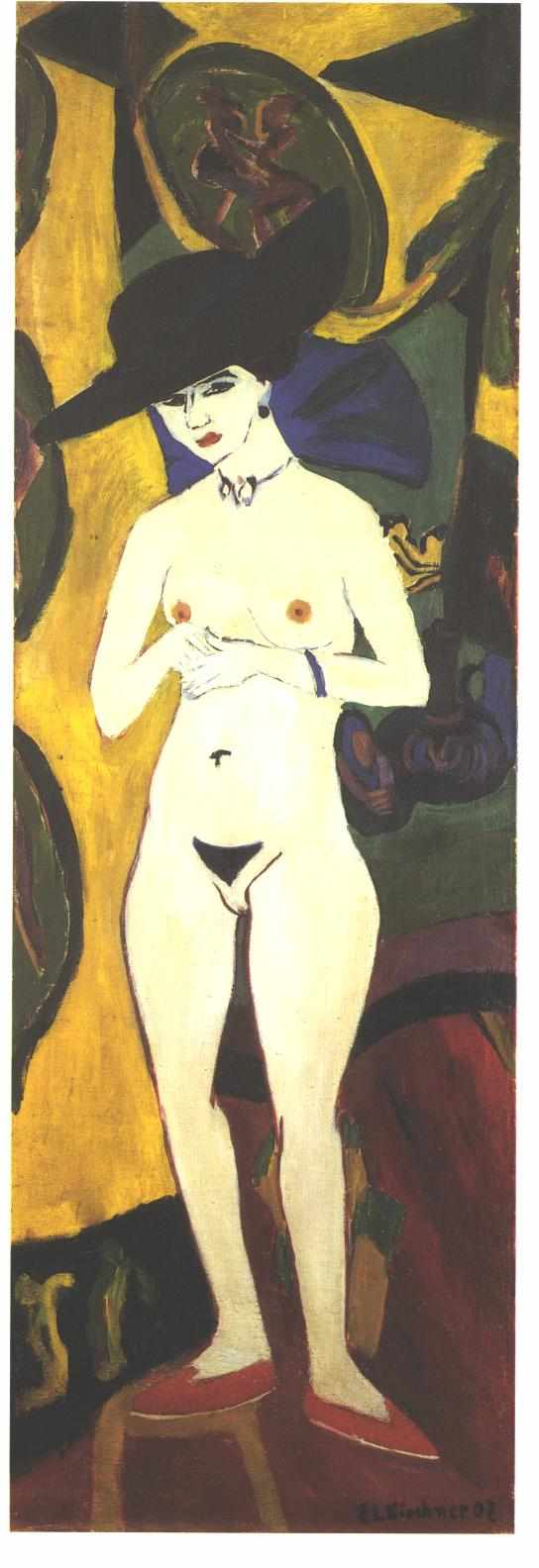 Standing Female Nude with Black Hat - Ernst Ludwig Kirchner