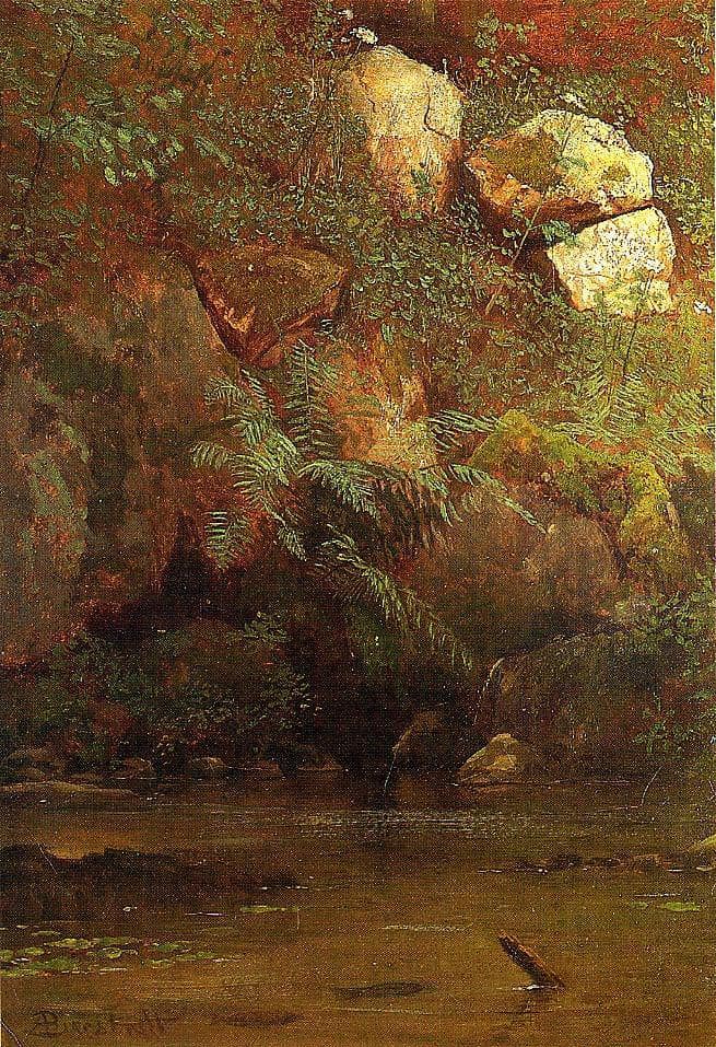 Ferns and Rocks on an Embankment by Albert Bierstadt — hand-painted botanical oil painting reproduction on canvas