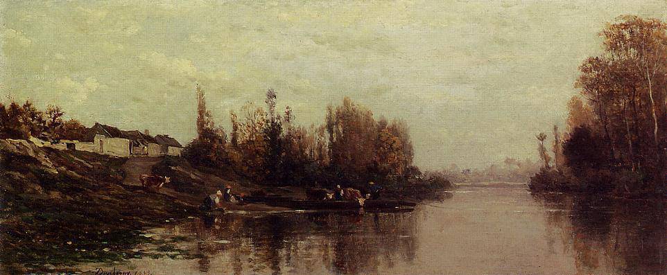 Ferry at Glouton by Charles-Francois Daubigny, hand-painted landscape oil painting reproduction on canvas
