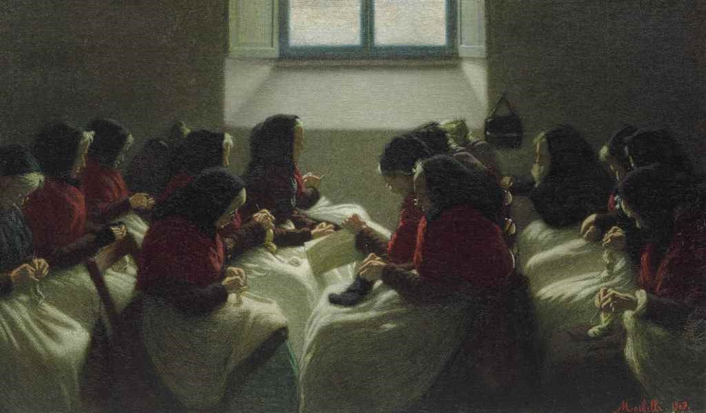 Old women sewing socks - Angelo Morbelli