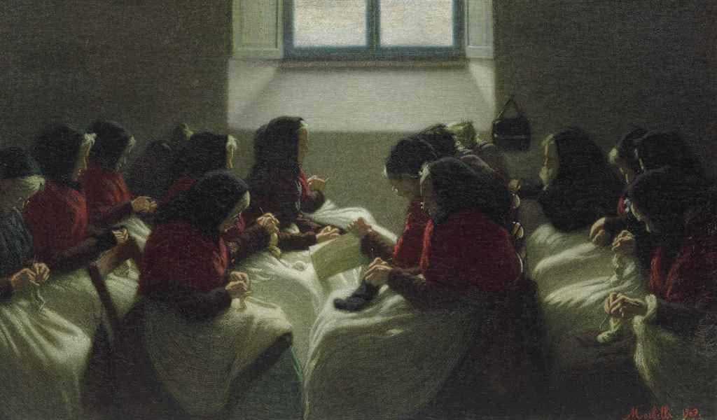 Old women sewing socks by Angelo Morbelli — hand-painted portrait oil painting reproduction on canvas