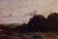 Fields with a Village on the Horizon, Two Figures in the Foreground by Camille Corot — hand-painted botanical oil painting reproduction on canvas