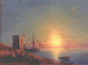 Figures In A Coastal Landscape At Sunset by Ivan Aivazovsky — ships oil painting wall art, Romanticism