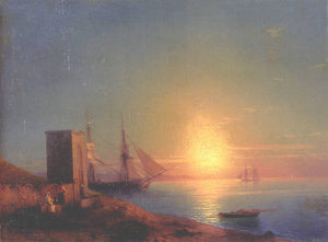 Figures In A Coastal Landscape At Sunset - Ivan Aivazovsky