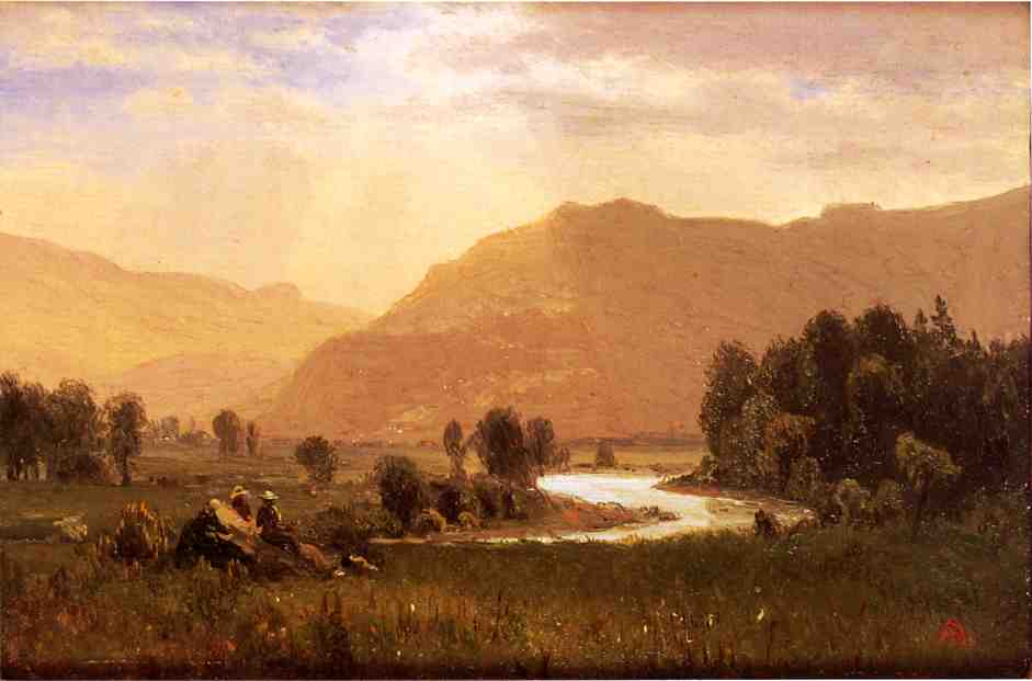 Figures in a Hudson River Landscape by Albert Bierstadt — hand-painted botanical oil painting reproduction on canvas