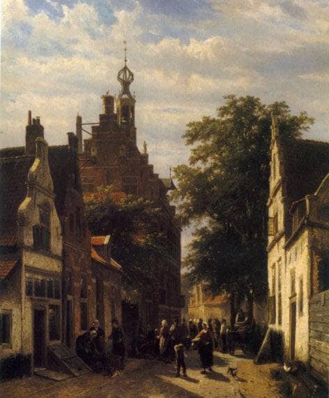 Figures in a Street in Delft by Cornelis Springer — hand-painted architectural oil painting reproduction on canvas