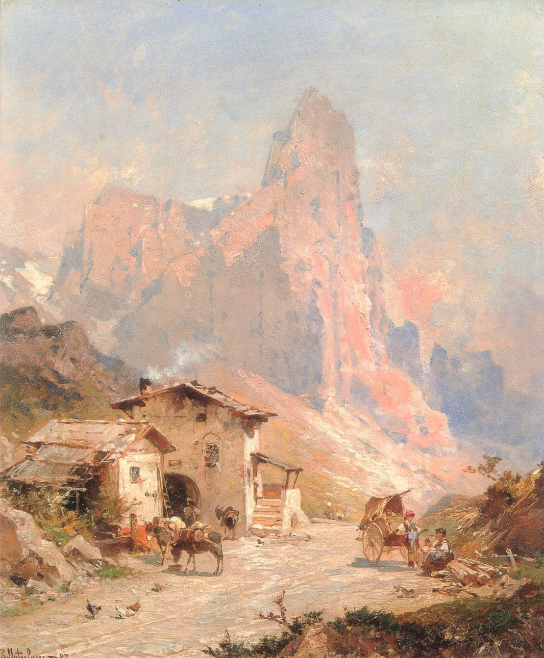 Figures in a Village in the Dolomites by Franz Richard Unterberger — hand-painted architectural oil painting reproduction on canvas