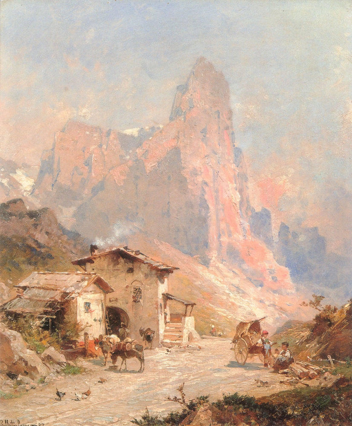 Figures in a Village in the Dolomites by Franz Richard Unterberger — hand-painted architectural oil painting reproduction on canvas