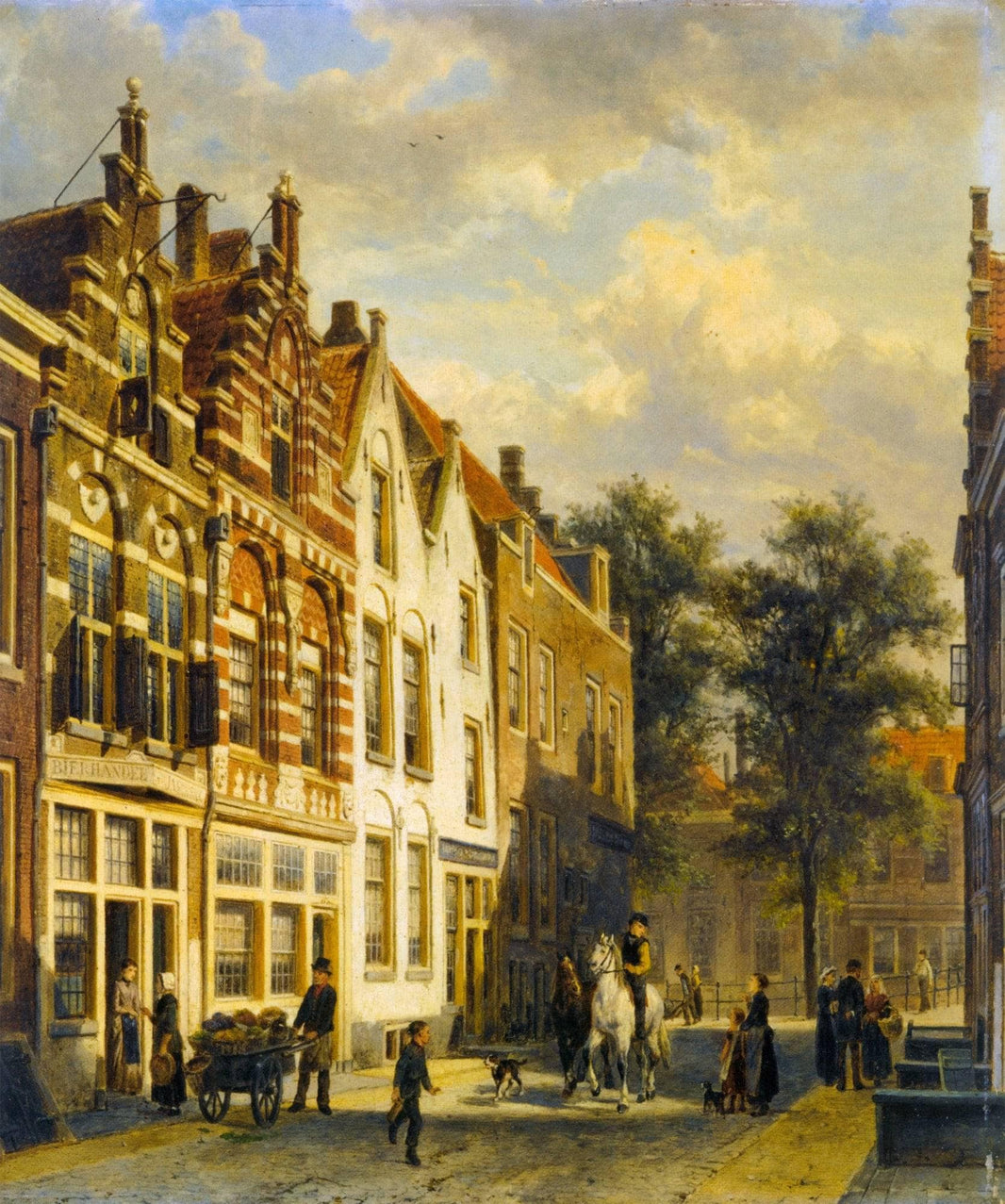 Figures in the Sunlit Streets of a Dutch Town by Cornelis Springer — hand-painted architectural oil painting reproduction on canvas