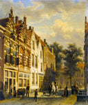 Figures in the Sunlit Streets of a Dutch Town by Cornelis Springer — city oil painting wall art, Romanticism