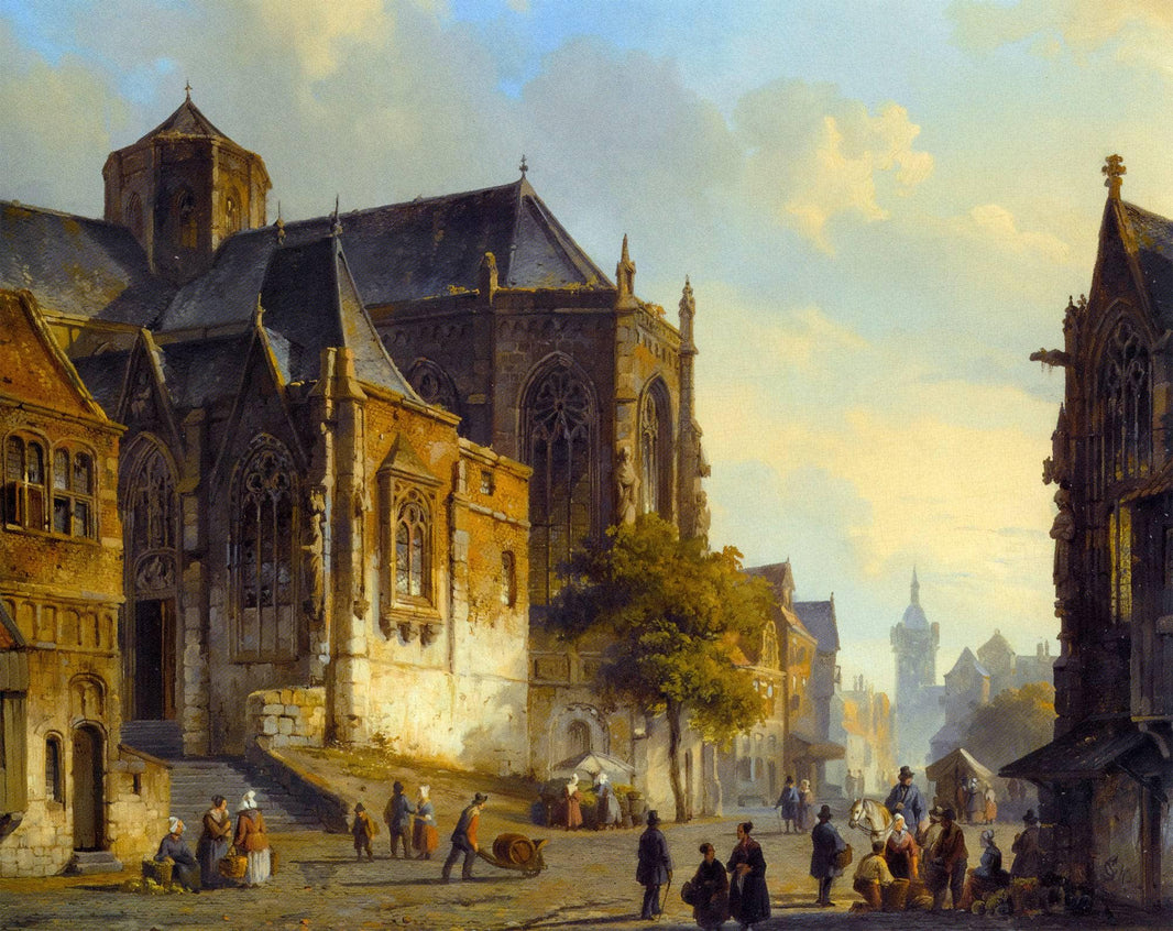 Figures on a Market Square in a Dutch Town by Cornelis Springer — hand-painted architectural oil painting reproduction on canvas