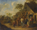 Figures Proclaiming the News on Barrels Outside An Inn by Jan Miense Molenaer — rural oil painting wall art, Baroque
