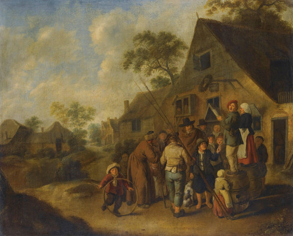 Figures Proclaiming the News on Barrels Outside An Inn