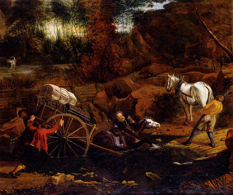 Figures With A Cart And Horses Fording A Stream - Jan Siberechts