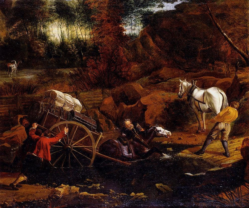 Figures With A Cart And Horses Fording A Stream on gallery wrap