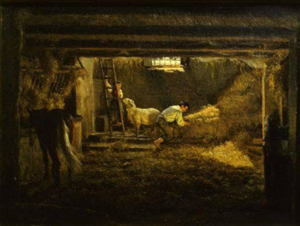 Interior of a stable, foreshortened horse and figures - Sun reflections
