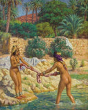 Girls Wringing Their Laundry by Nasreddine Dinet — female oil painting wall art, Orientalism