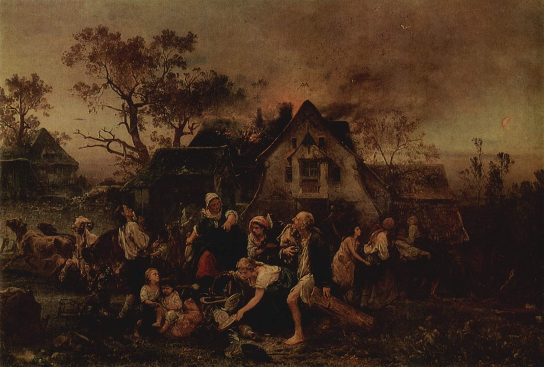 Fire in the village by Ludwig Knaus — hand-painted landscape oil painting reproduction on canvas