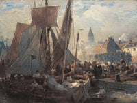 Fish market in Ostend by Andreas Achenbach — hand-painted nautical oil painting reproduction on canvas