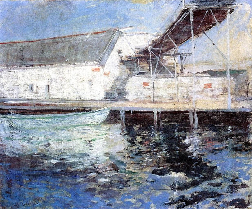 Fish Sheds, Gloucester, Massachusetts by John Henry Twachtman — hand-painted architectural oil painting reproduction on canvas