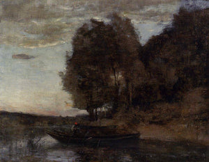 Fisherman Boating along a Wooded Landscape - Camille Corot