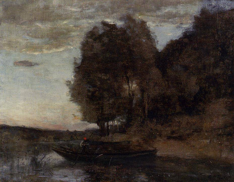 Fisherman Boating along a Wooded Landscape - Camille Corot