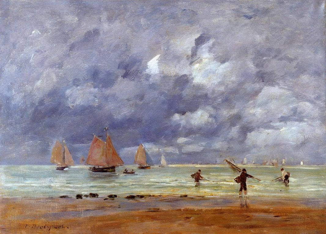 Fishermen and Sailboats near Trouville by Eugene Boudin — hand-painted animal oil painting reproduction on canvas