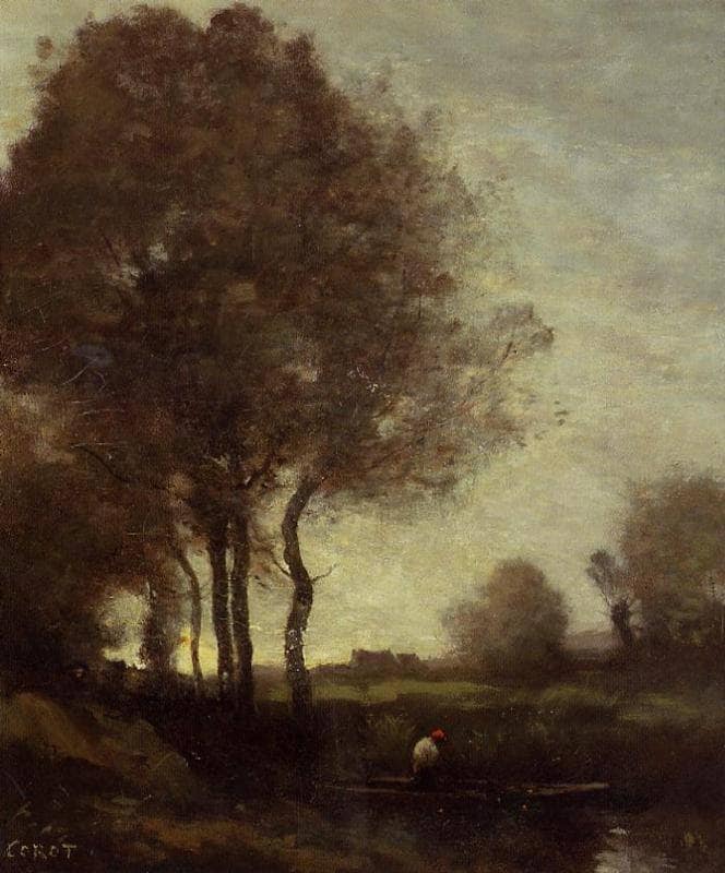 Fishermen in a Boat by Camille Corot — hand-painted botanical oil painting reproduction on canvas