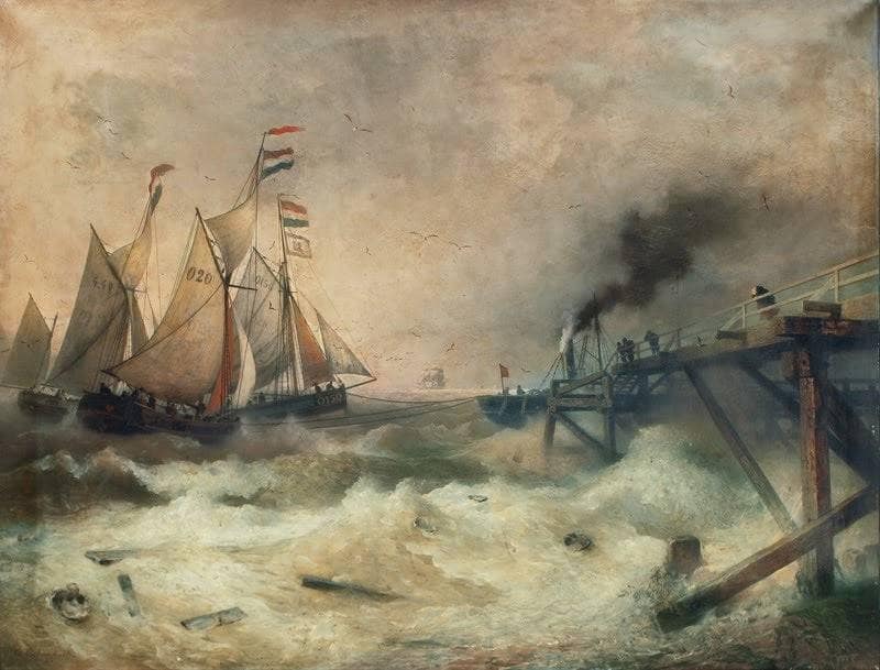 Fishing Boats And Steamers At The Pier Of Ostend by Andreas Achenbach — hand-painted nautical oil painting reproduction on canvas