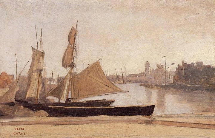Fishing Boats Tied to the Wharf by Camille Corot — hand-painted landscape oil painting reproduction on canvas