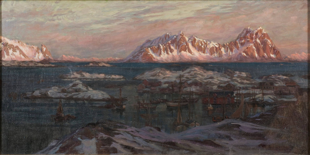 Fishing Harbour with Sunlit Mountains. Study from North Norway by Anna Katarina Boberg, hand-painted landscape oil painting reproduction on canvas