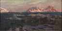 Fishing Harbour with Sunlit Mountains. Study from North Norway by Anna Katarina Boberg, sea oil painting wall art, Art Nouveau Modern
