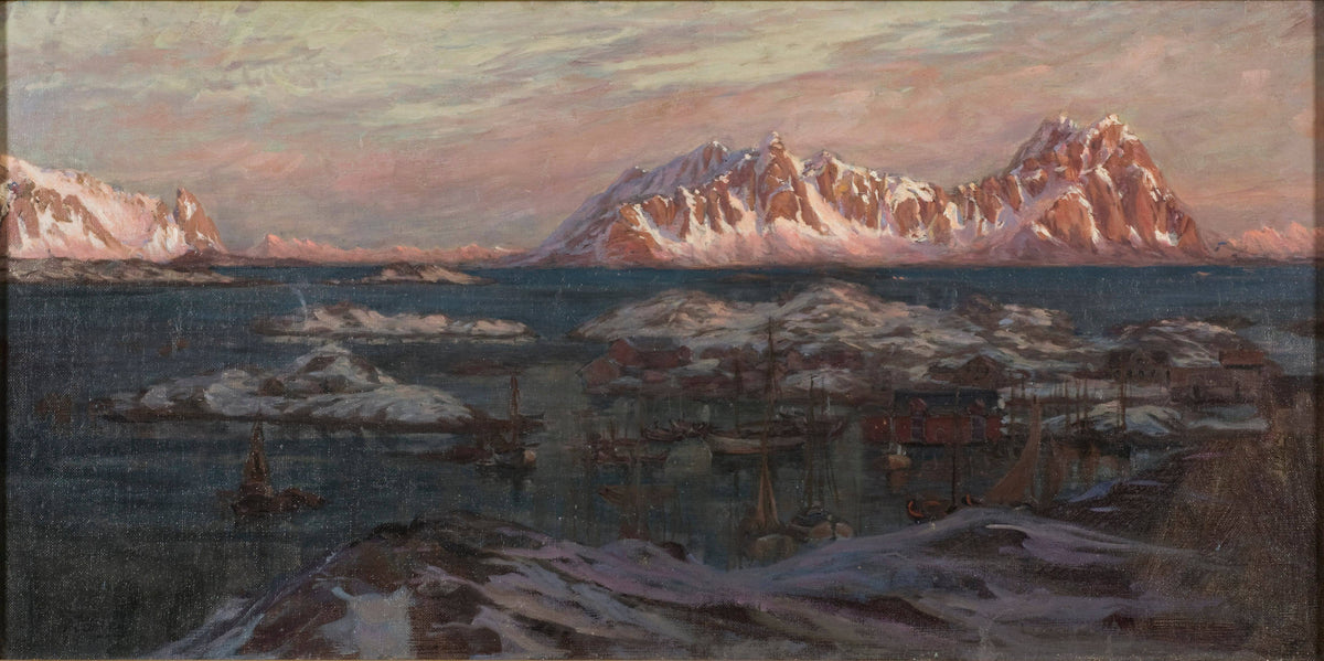 Fishing Harbour with Sunlit Mountains. Study from North Norway