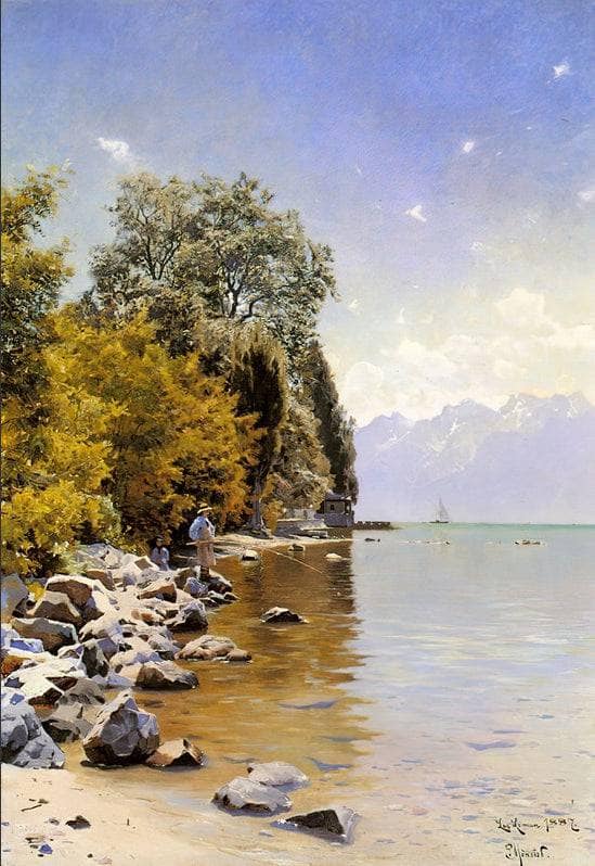 Fishing on Lac Leman by Peder Mørk Mønsted — hand-painted landscape oil painting reproduction on canvas