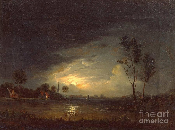 Fjord landscape with fishermen in moonlight by Knud Baade — hand-painted landscape oil painting reproduction on canvas