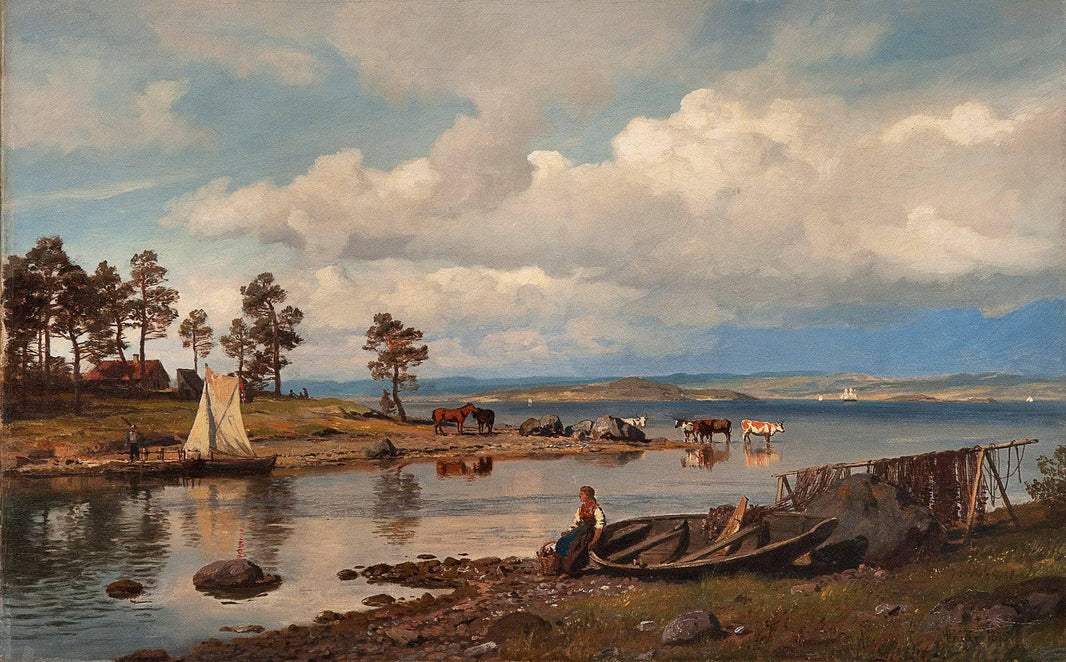 Fjord Landscape with People by Hans Gude — hand-painted botanical oil painting reproduction on canvas
