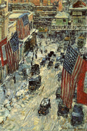 Flags on 57th Street, Winter by Childe Hassam — city oil painting wall art, Impressionism