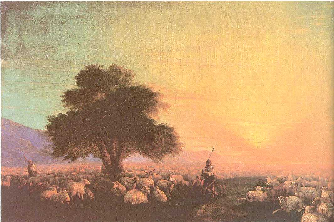 Flock of sheep with herdsmen unset by Ivan Aivazovsky — hand-painted animal oil painting reproduction on canvas