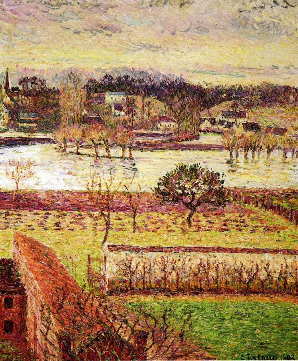 Flood, Twilight Effect, Eragny by Camille Pissarro — hand-painted landscape oil painting reproduction on canvas