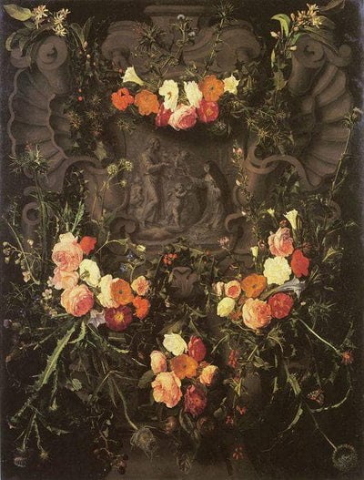 Flower garland with Saint Catherine in dining room