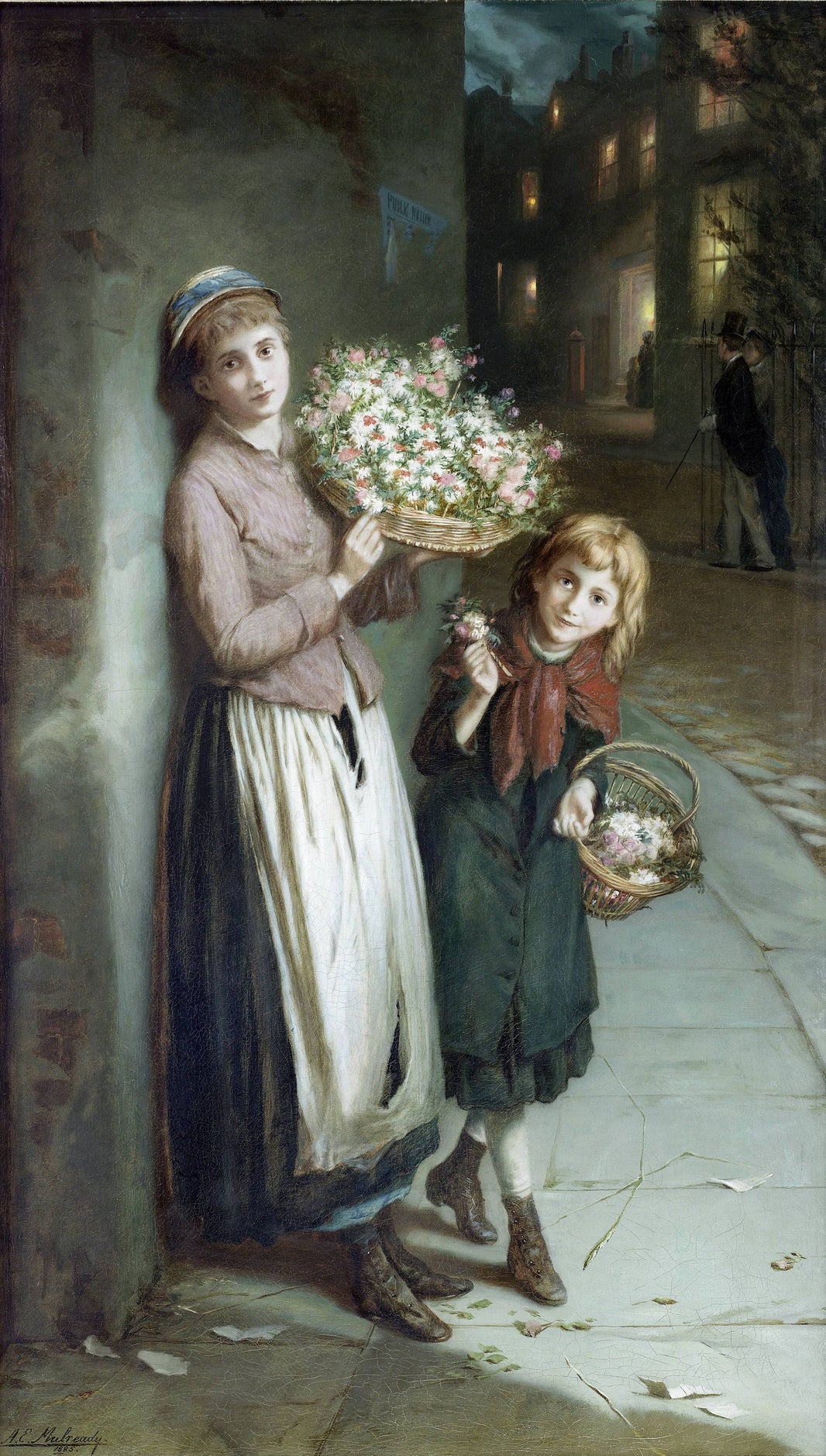Flower Girls – a Summers Night by Augustus Edwin Mulready — hand-painted portrait oil painting reproduction on canvas