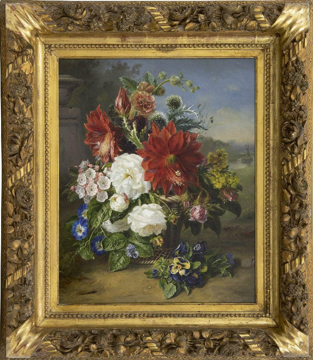 Flower still life in wicker basket by Helen Augusta Hamburger — hand-painted botanical oil painting reproduction on canvas