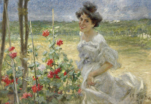 Flowered garden. Young woman in the rose garden - Umberto Veruda