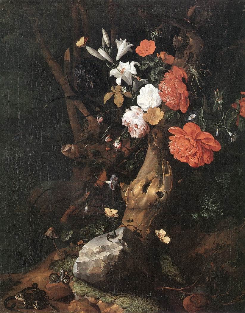 Flowers Around a Tree Trunk, with Insects and Other Animals near a Pond by Rachel Ruysch — hand-painted botanical oil painting reproduction on canvas
