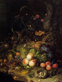 Flowers, Fruit, Reptiles, and Insects on the Edge of a Wood by Rachel Ruysch — fruit oil painting wall art, Baroque