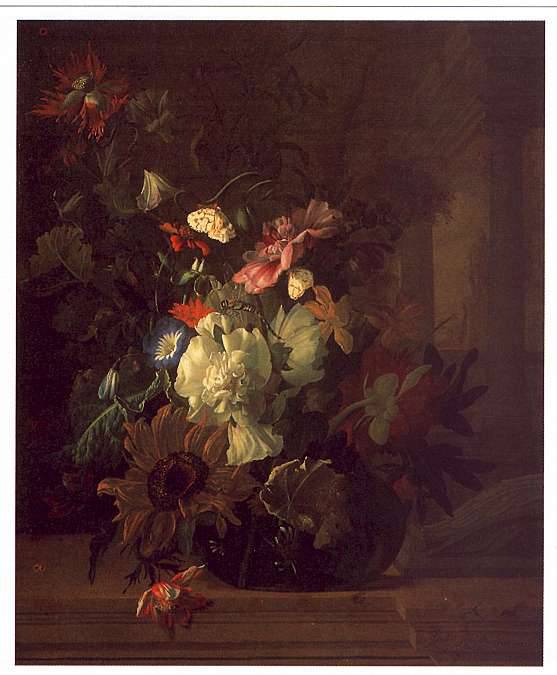 Flowers in a Glass Vase on a Balustrade with Colunnade - Rachel Ruysch