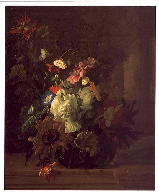 Flowers in a Glass Vase on a Balustrade with Colunnade by Rachel Ruysch — hand-painted botanical oil painting reproduction on canvas
