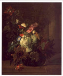 Flowers in a Glass Vase on a Balustrade with Colunnade by Rachel Ruysch — flower oil painting wall art, Baroque
