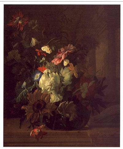 Flowers in a Glass Vase on a Balustrade with Colunnade in kitchen